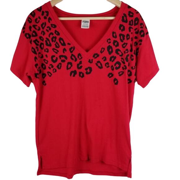 Victoria Secret Pink Red Leopard Short Sleeve Tee Shirt Oversized S - Picture 1 of 5